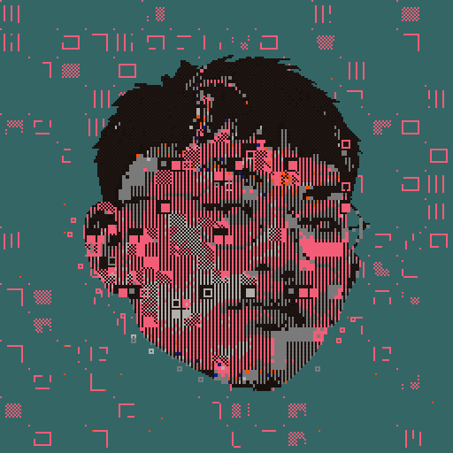 Pink fragmented portrait with moving patterns on a teal background